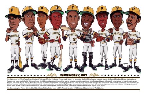 Jim Shearers caricature art of the first all Black and Latino lineup in Major League Baseball