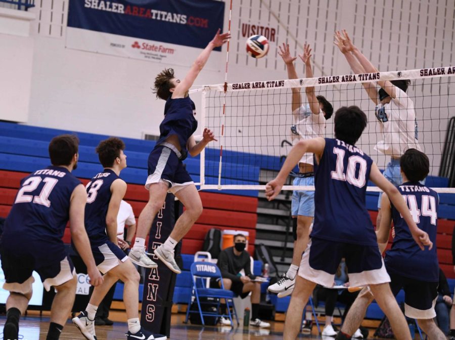 Shaler Area and Seneca Valley battle on the volleyball court. 