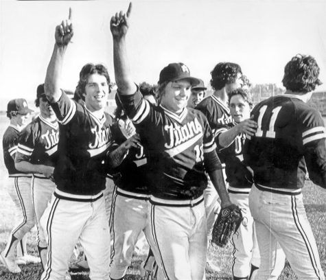 The 1980 Shaler Area baseball team celebrates after a playoff game victory