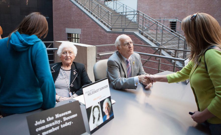 Holocaust survivors meet guests at the United States Holocaust Memorial Museum in Washington DC. 