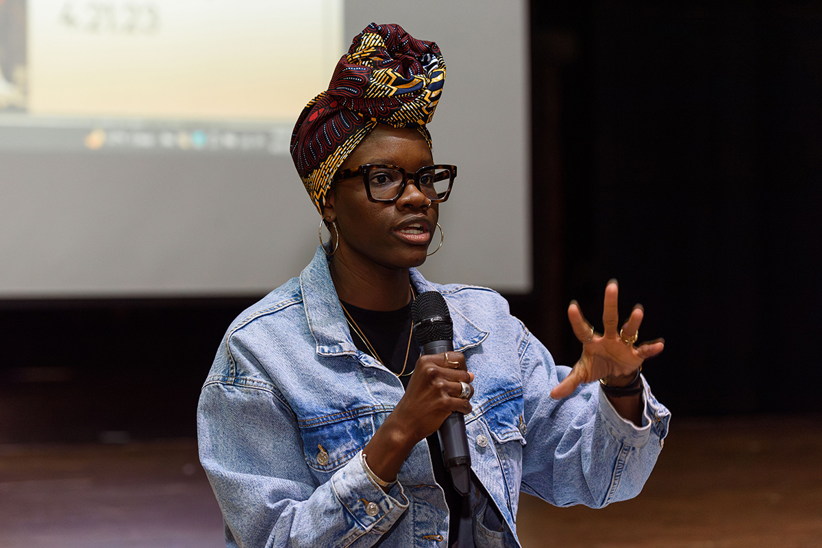 Njaimeh Njie speaking at SAHS during the Celebration of Storytelling event