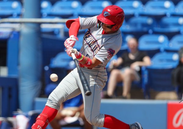 Bryan Rincon takes a swing during a game in Dunedin against the Blue Jays.