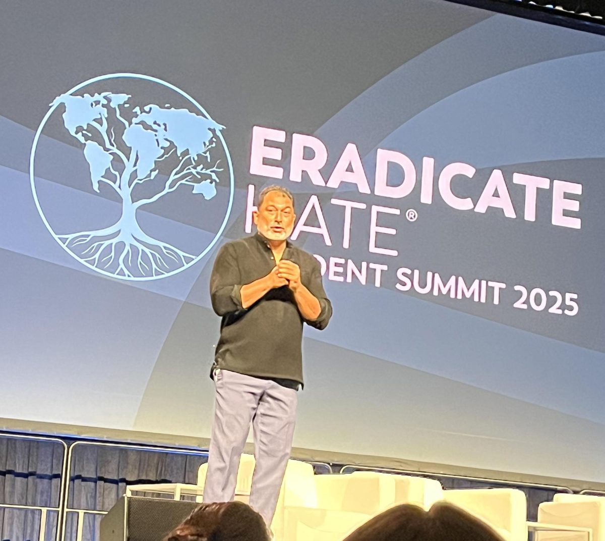 Pardeep Singh Kaleka, whose father was killed in a 2012 shooting, speaking at the Eradicate Hate Summit